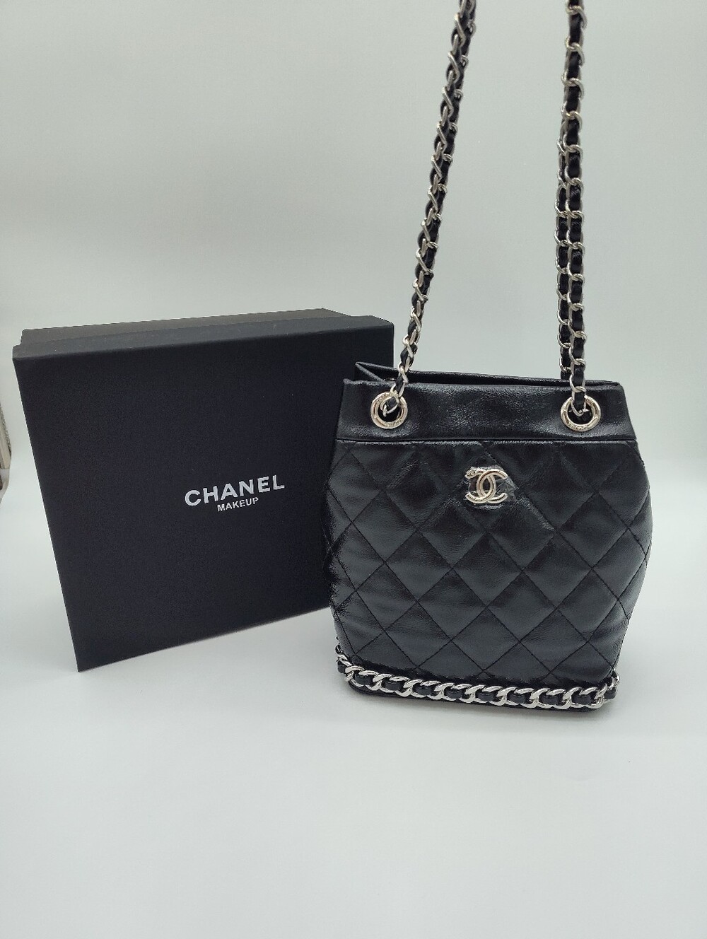 CHANEL MAKEUP Promo Black Quilted Chain Shoulder Bag Silver Gift NIB